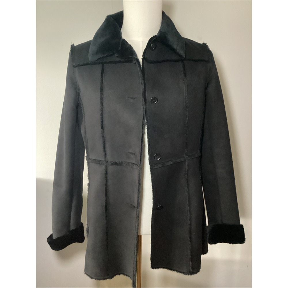 Marc New York Faux Shearling Suede Black Jacket Plush Fur Collar Trim Coat Small